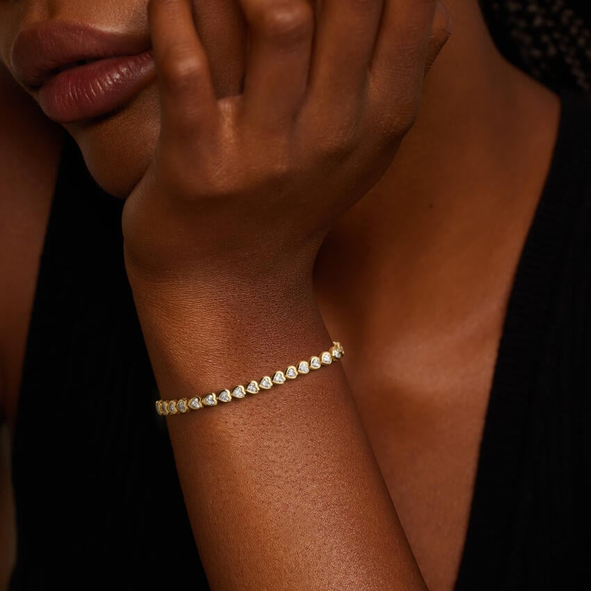Heart Shaped Lab Diamond Bezel Tennis Bracelet (3 1/3 ct. tw.) in 18K Yellow Gold